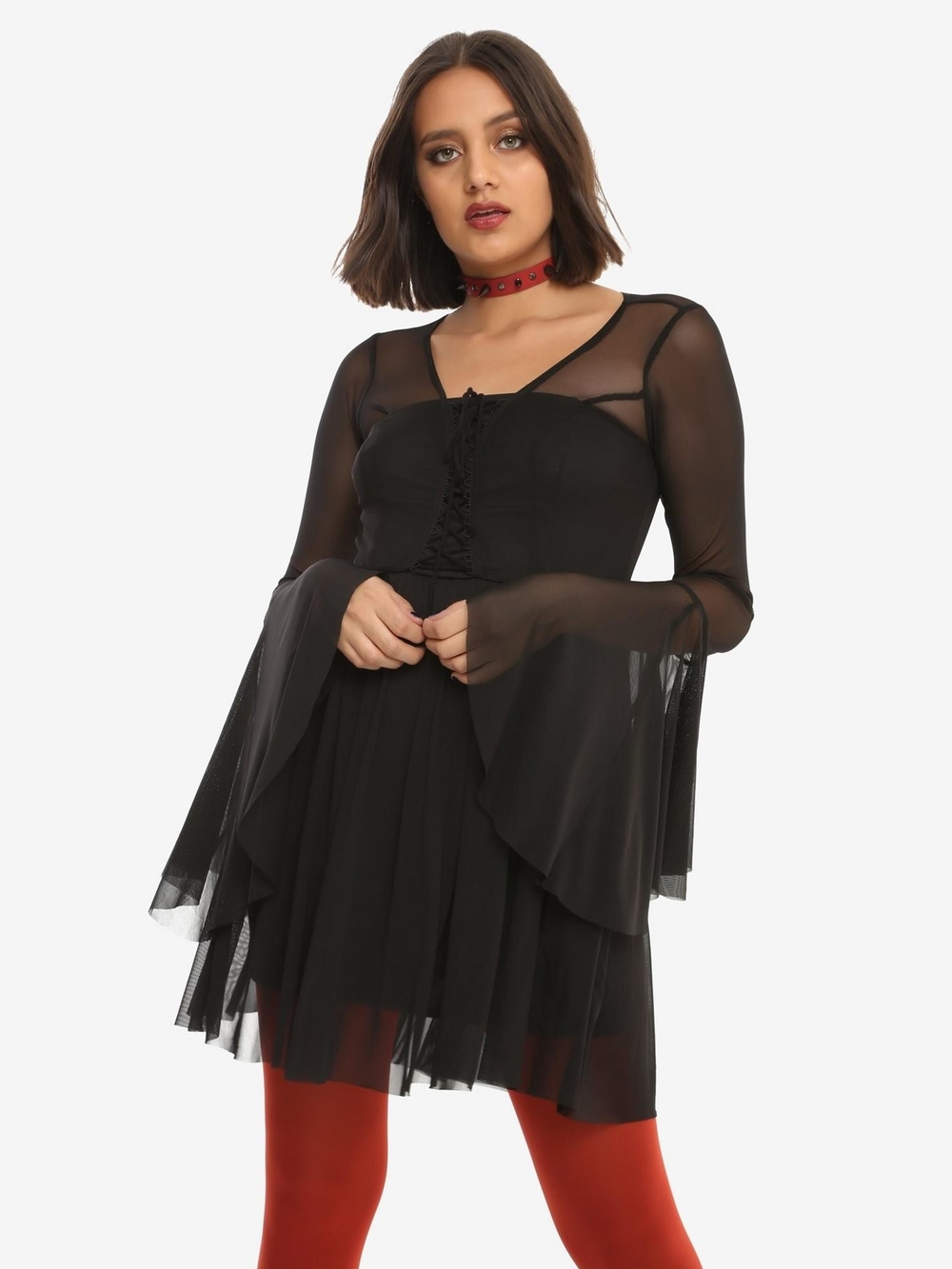 Hot Topic Black Sheer Lace-Up Bell Sleeve Mini Dress